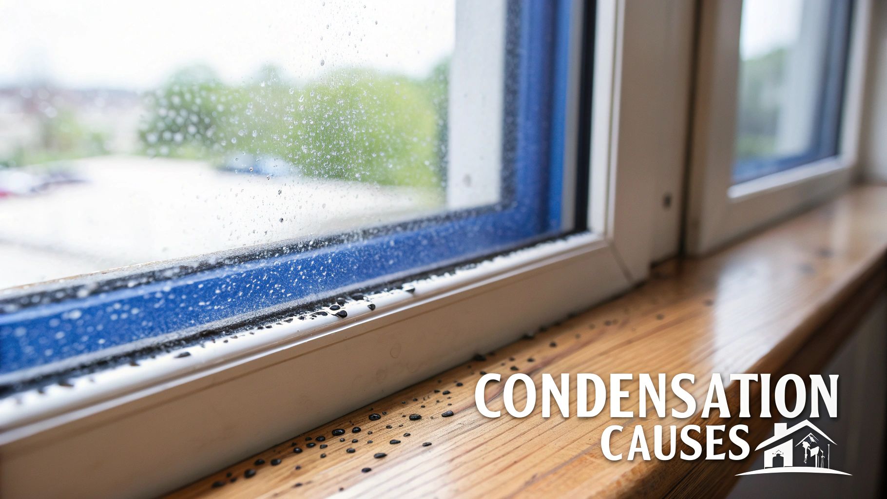 Close-up of a window showing severe condensation and black mold along the white frame and wooden sill.