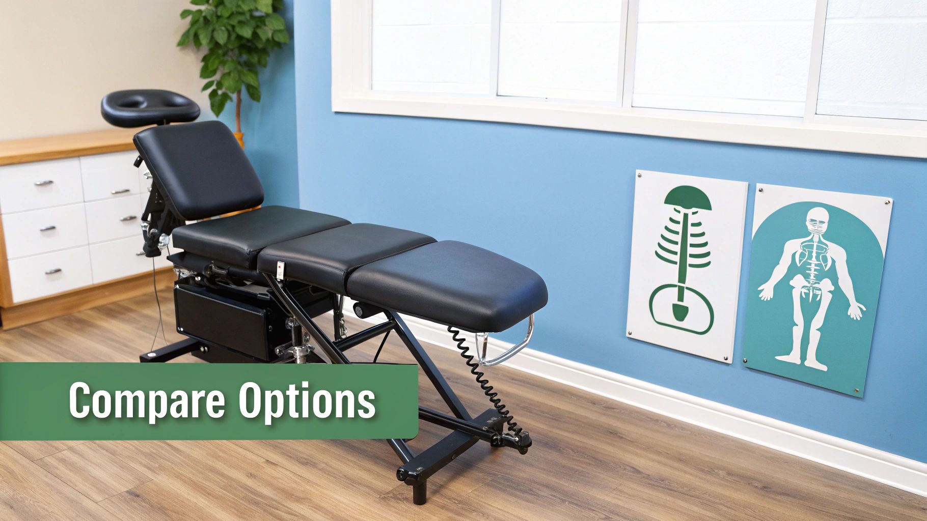 A black adjustable chiropractic table in a modern clinic room with anatomical charts on the wall.