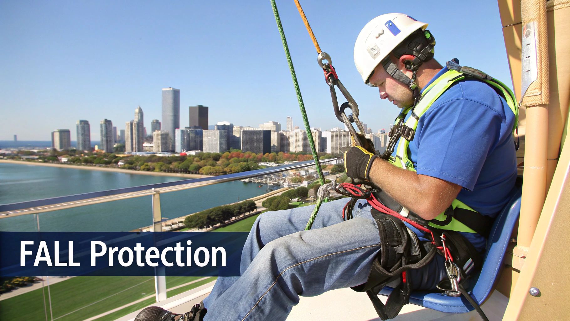 Rope access technician wearing safety gear, suspended high with a city skyline and water below.