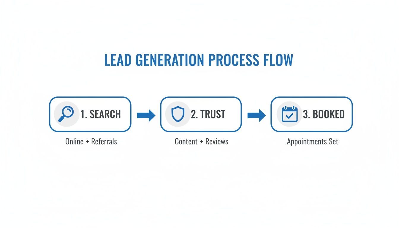 A lead generation process flow diagram with steps: search (online/referrals), trust (content/reviews), and booked appointments.