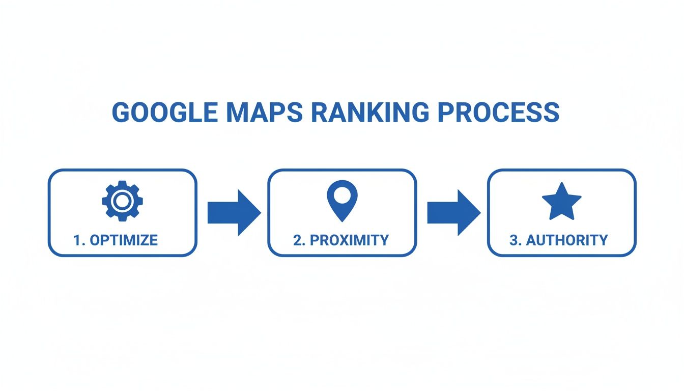 Flowchart showing Google Maps ranking process with optimize, proximity, and authority steps.