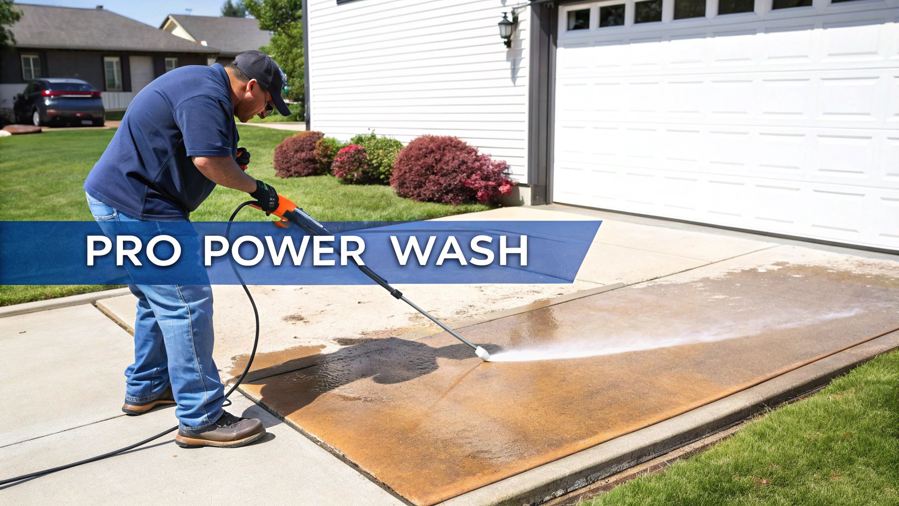 A man power washing rust stains from a concrete driveway in front of a house.
