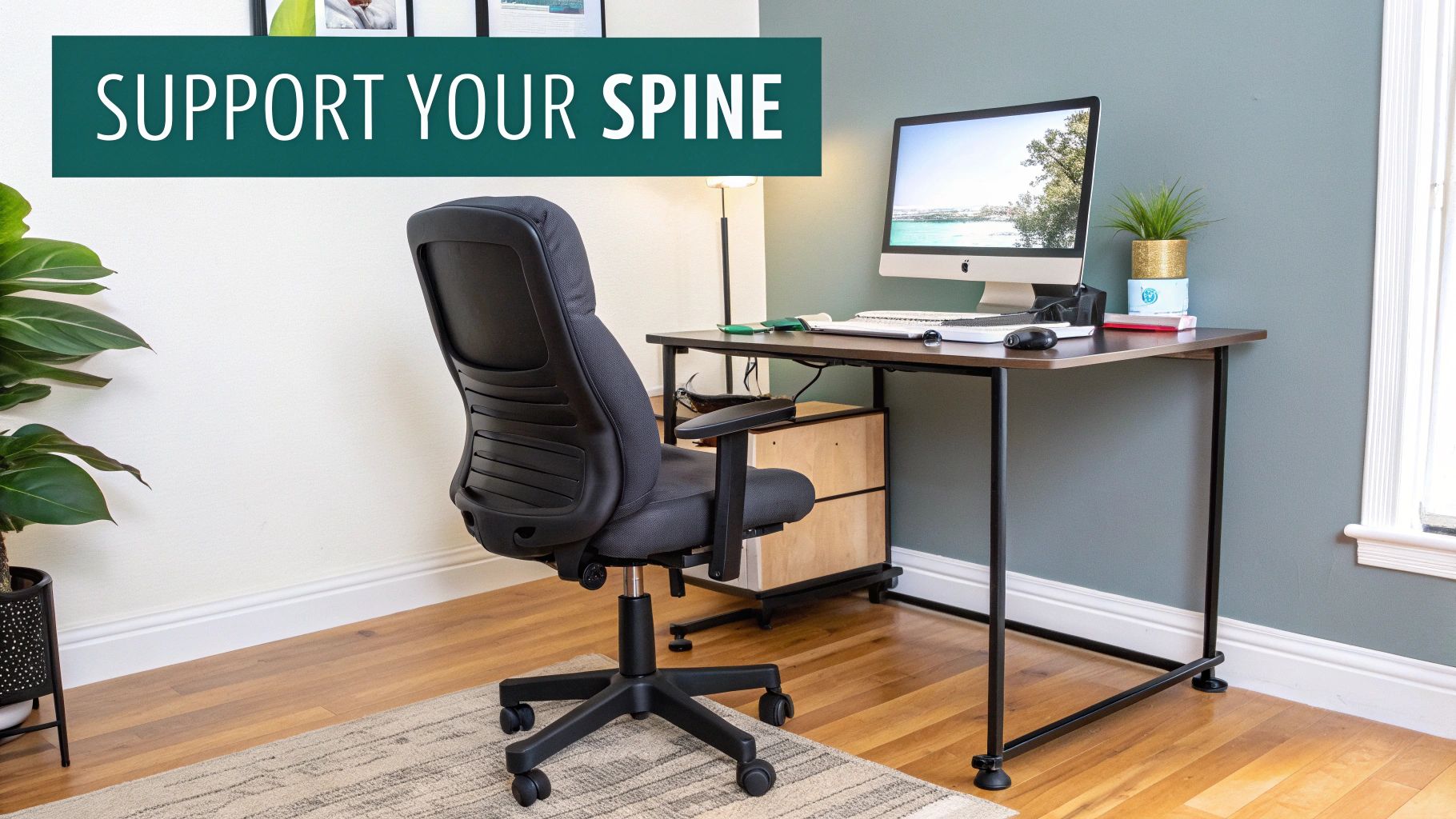 An ergonomic black office chair and desk with a computer under a 'Support Your Spine' banner.