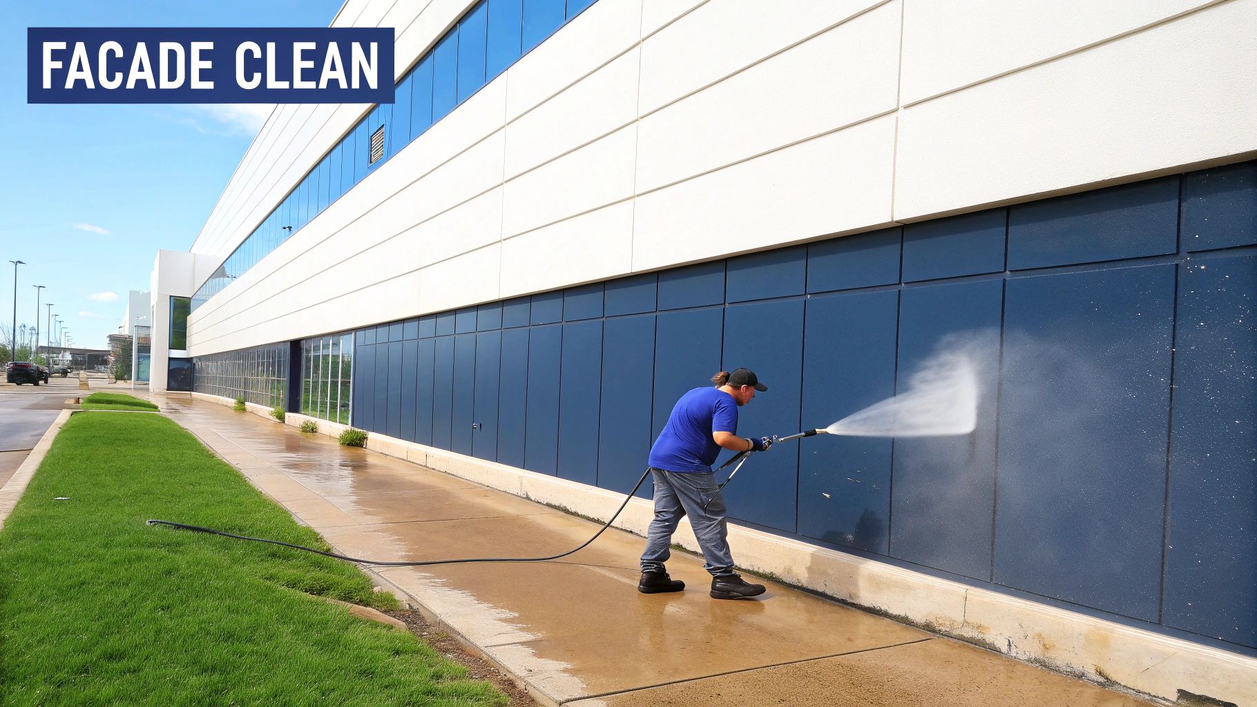 A person pressure washing the blue facade of a large commercial building under a clear sky.