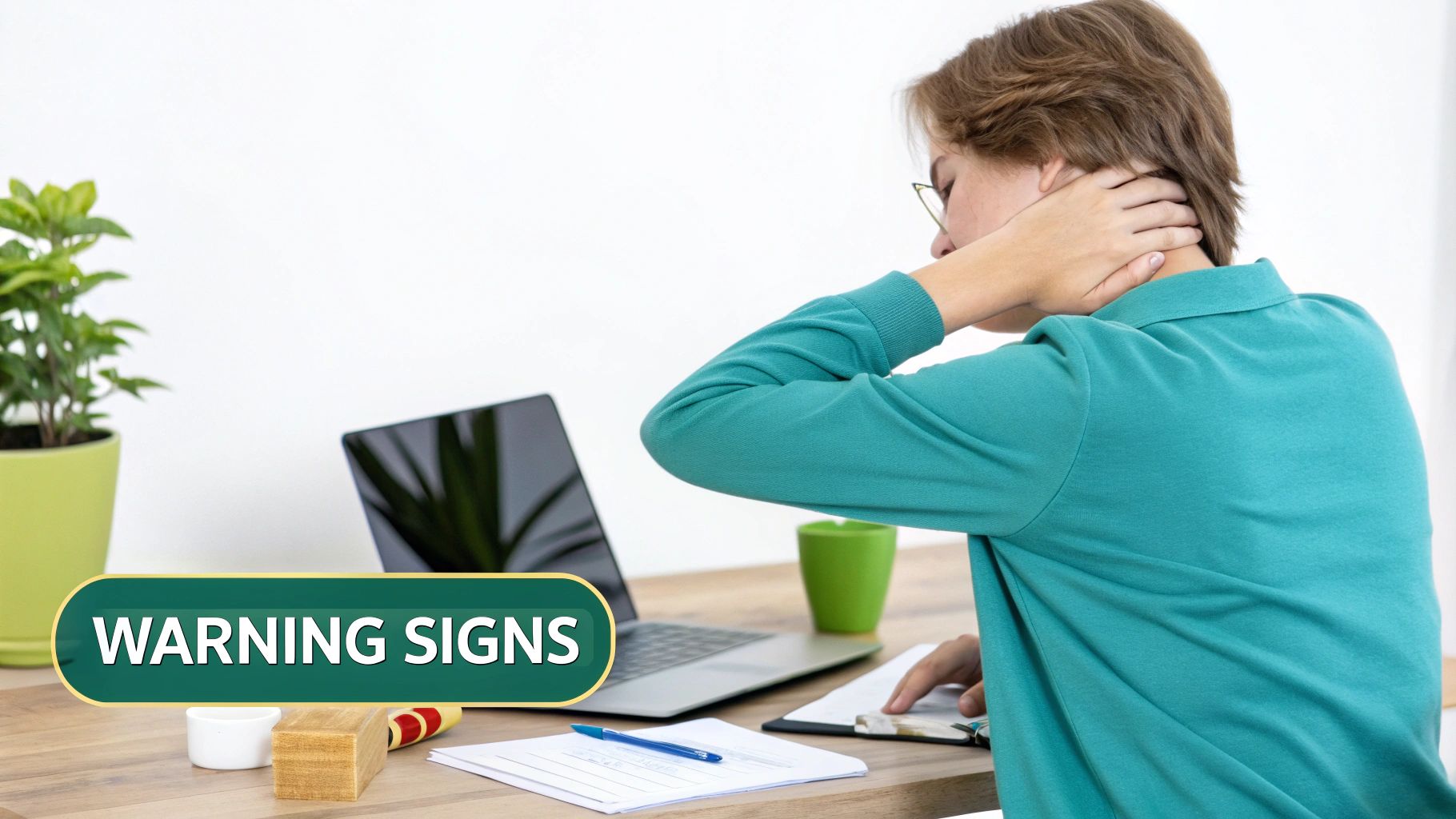 Person with neck pain rubbing their neck at a desk with a laptop, displaying 'WARNING SIGNS'.