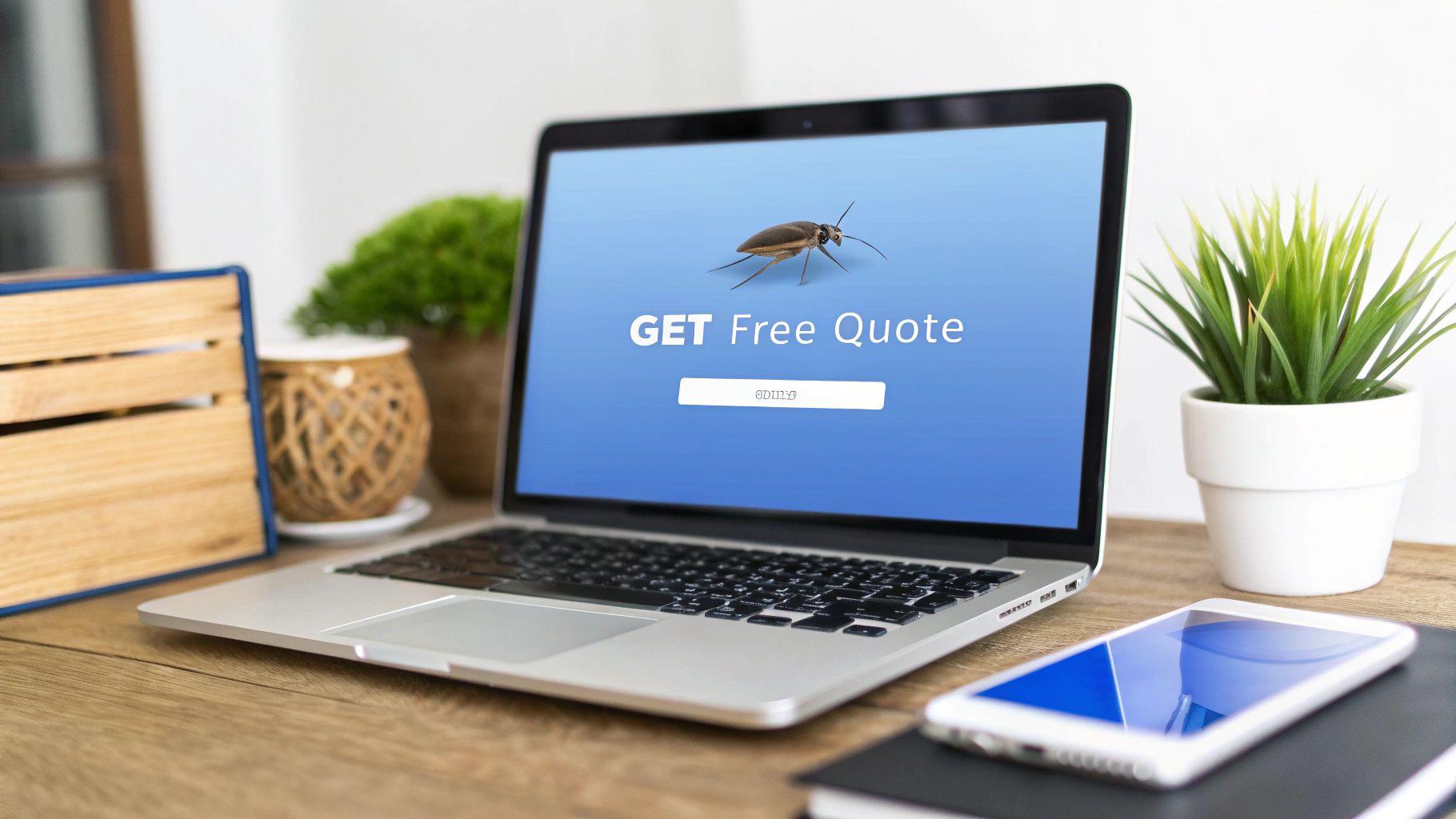 Laptop displaying a pest control advertisement with a cockroach and 'GET Free Quote' text.