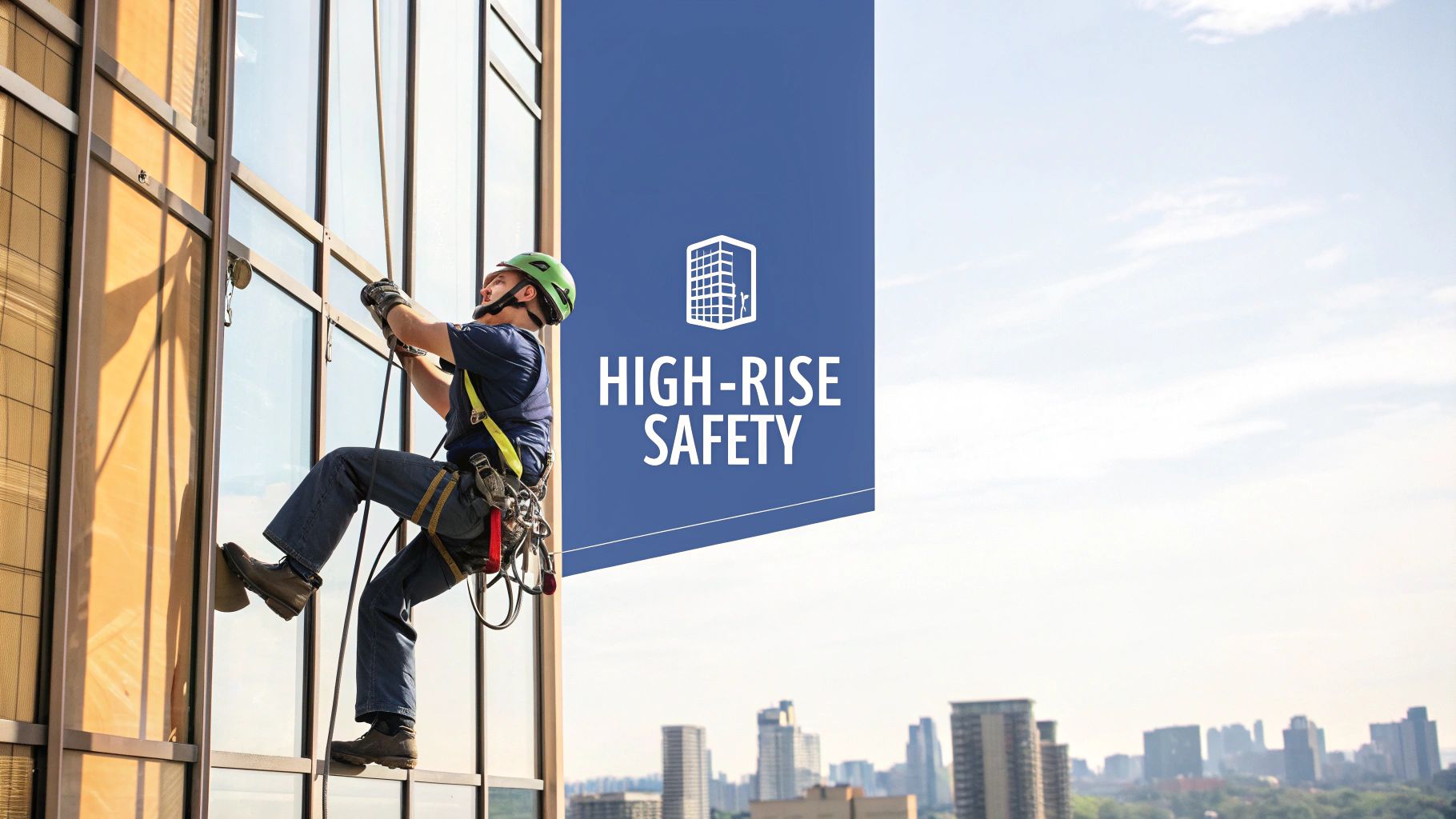 A worker in safety gear rappelling down a glass high-rise building with 'HIGH-RISE SAFETY' text.