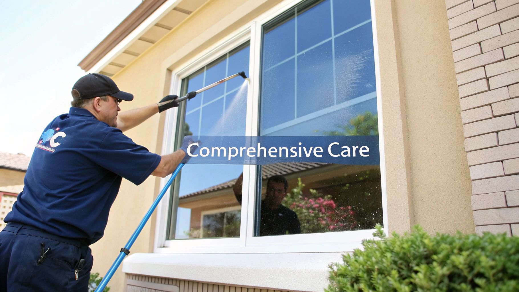 A professional window cleaner in a blue uniform sprays water on a house window for comprehensive care.
