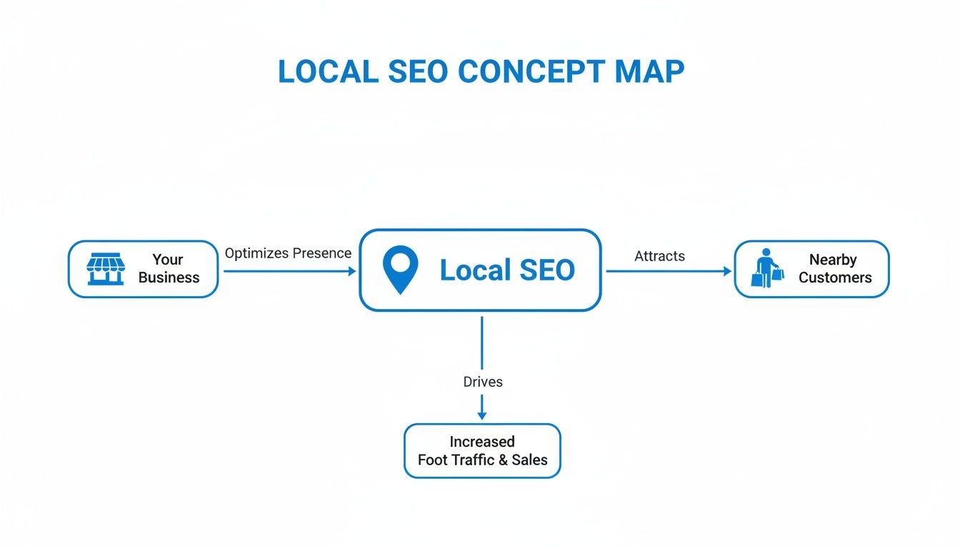 A concept map illustrating how Local SEO optimizes business presence to attract nearby customers and drive sales.