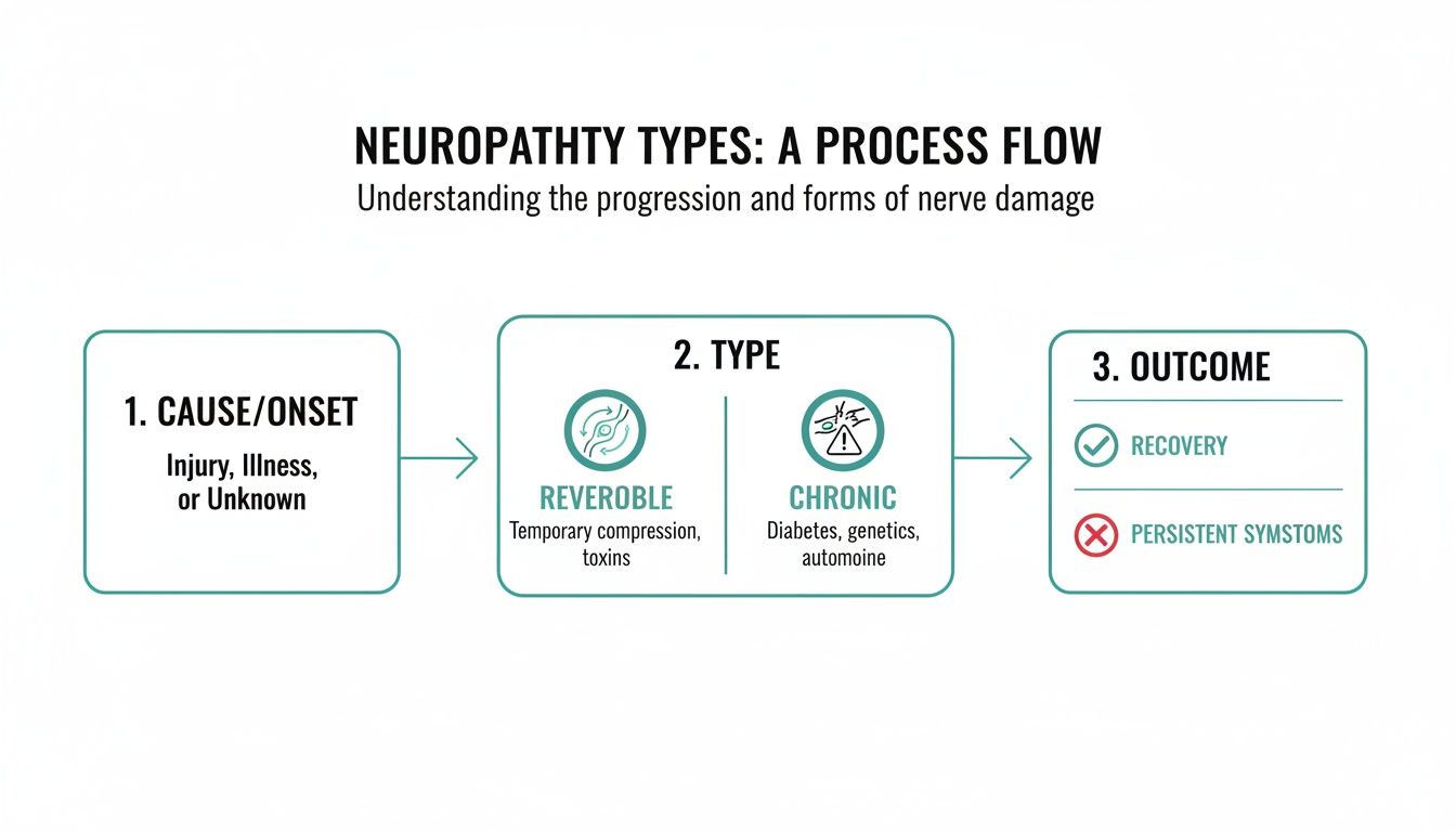 Flowchart illustrating neuropathy types from cause/onset to reversible or chronic types, and potential outcomes.