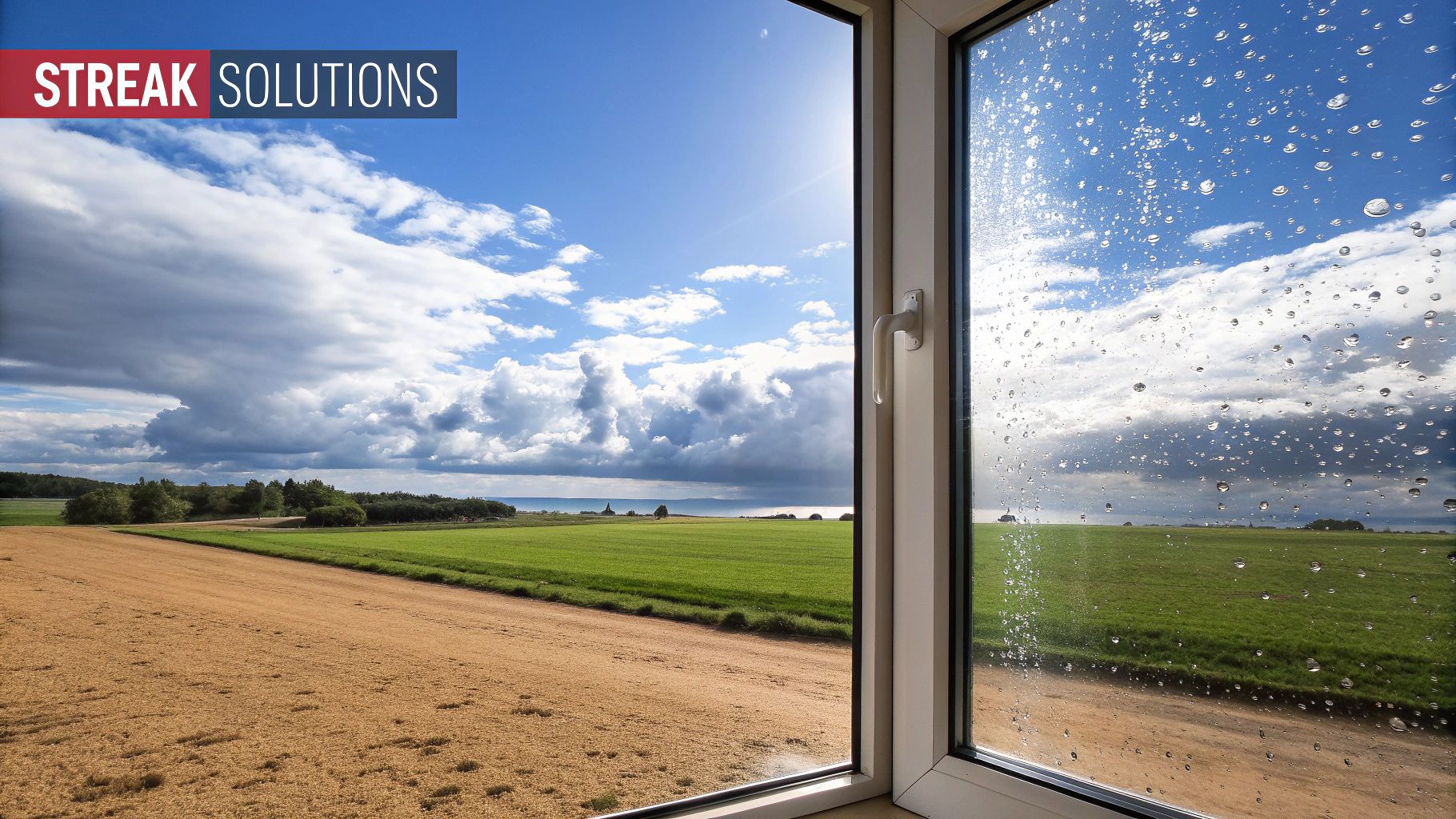 Window pane, half clear half covered in raindrops, overlooks a bright, cloud-filled landscape.