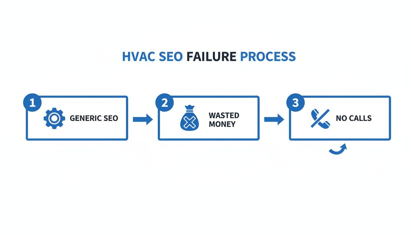 A flowchart illustrating the HVAC SEO failure process, showing generic SEO leading to wasted money and no calls.
