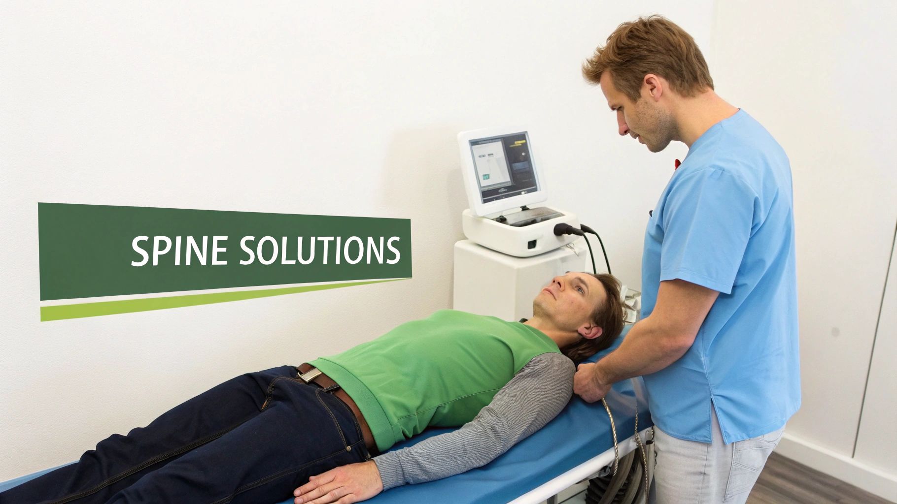 A practitioner in blue scrubs treating a male patient's neck on an examination table with 'SPINE SOLUTIONS' banner.