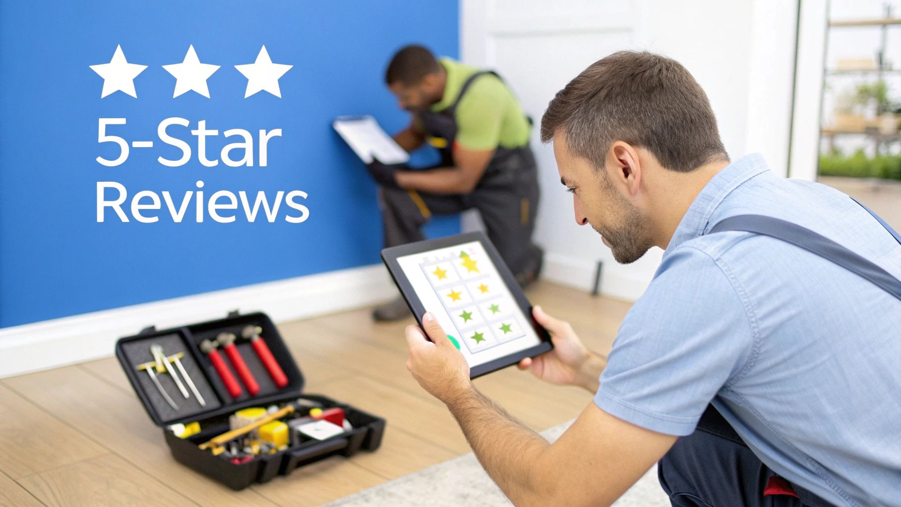 Two service workers, one reviewing 5-star ratings on a tablet, showcasing positive customer reviews.