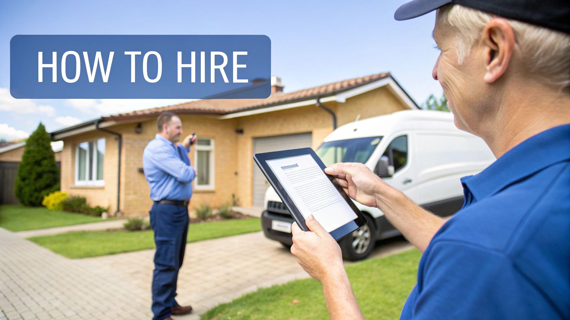 A service professional reviews a tablet outside a house, with a client and a white van, discussing hiring.