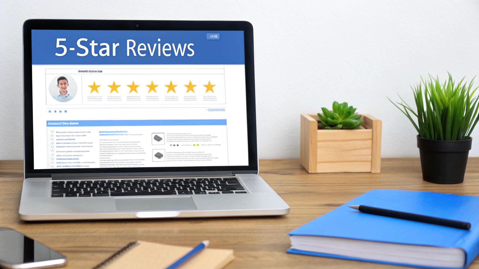 Laptop displaying 5-star customer reviews, alongside office plants and stationery on a wooden desk.