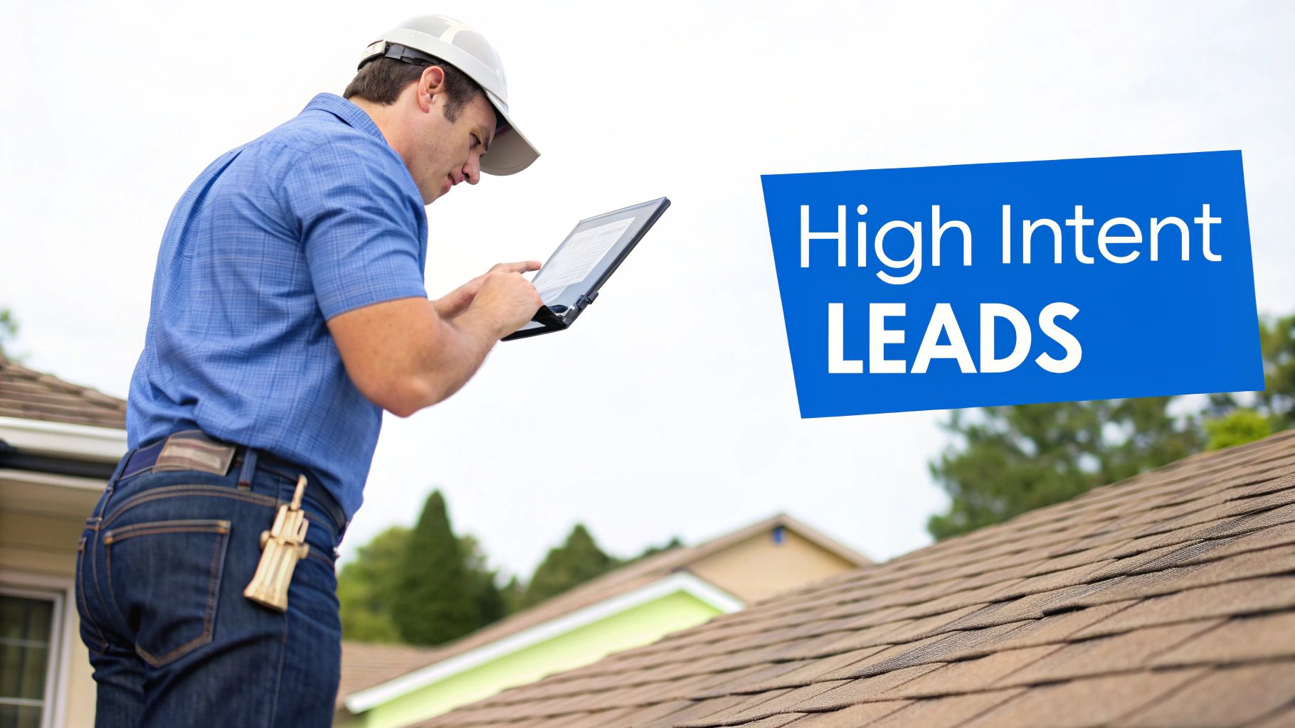 A roofer on a roof using a tablet next to a blue banner with 'High Intent LEADS'.