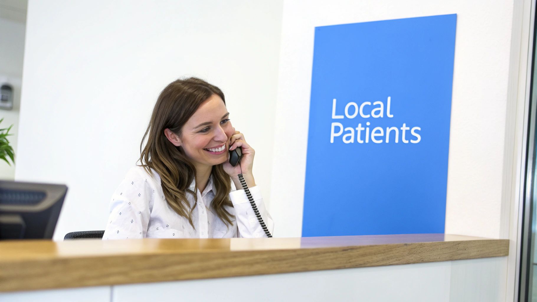 A smiling female receptionist talks on a landline phone at a modern reception desk with a 'Local Patients' sign.