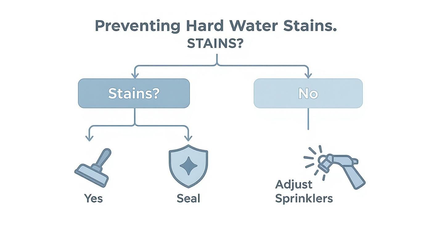 Infographic decision tree for preventing hard water stains on windows.