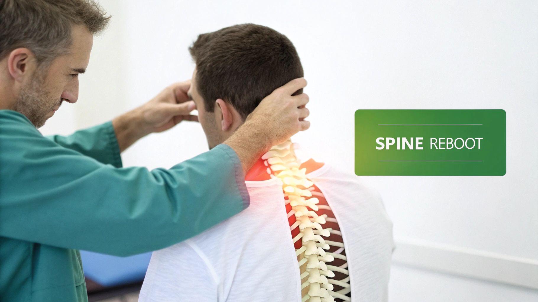 A chiropractor performs a neck adjustment on a patient, with an illuminated spine indicating treatment.