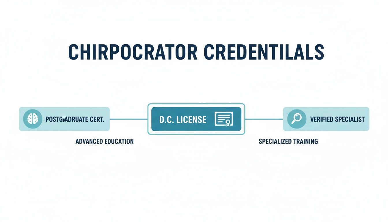 Infographic detailing chiropractor credentials: advanced education, D.C. license, and specialized training as a verified specialist.