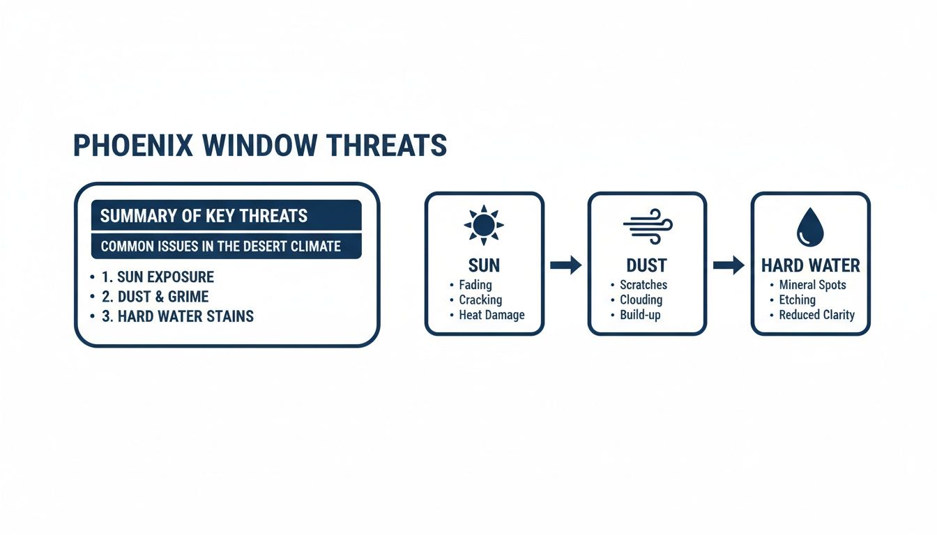 Infographic detailing Phoenix window threats: sun, dust, and hard water, with their damaging effects.