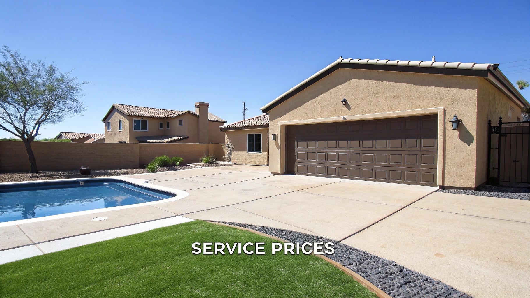 Residential home exterior with pool, garage, and concrete driveway showing pressure washing service prices