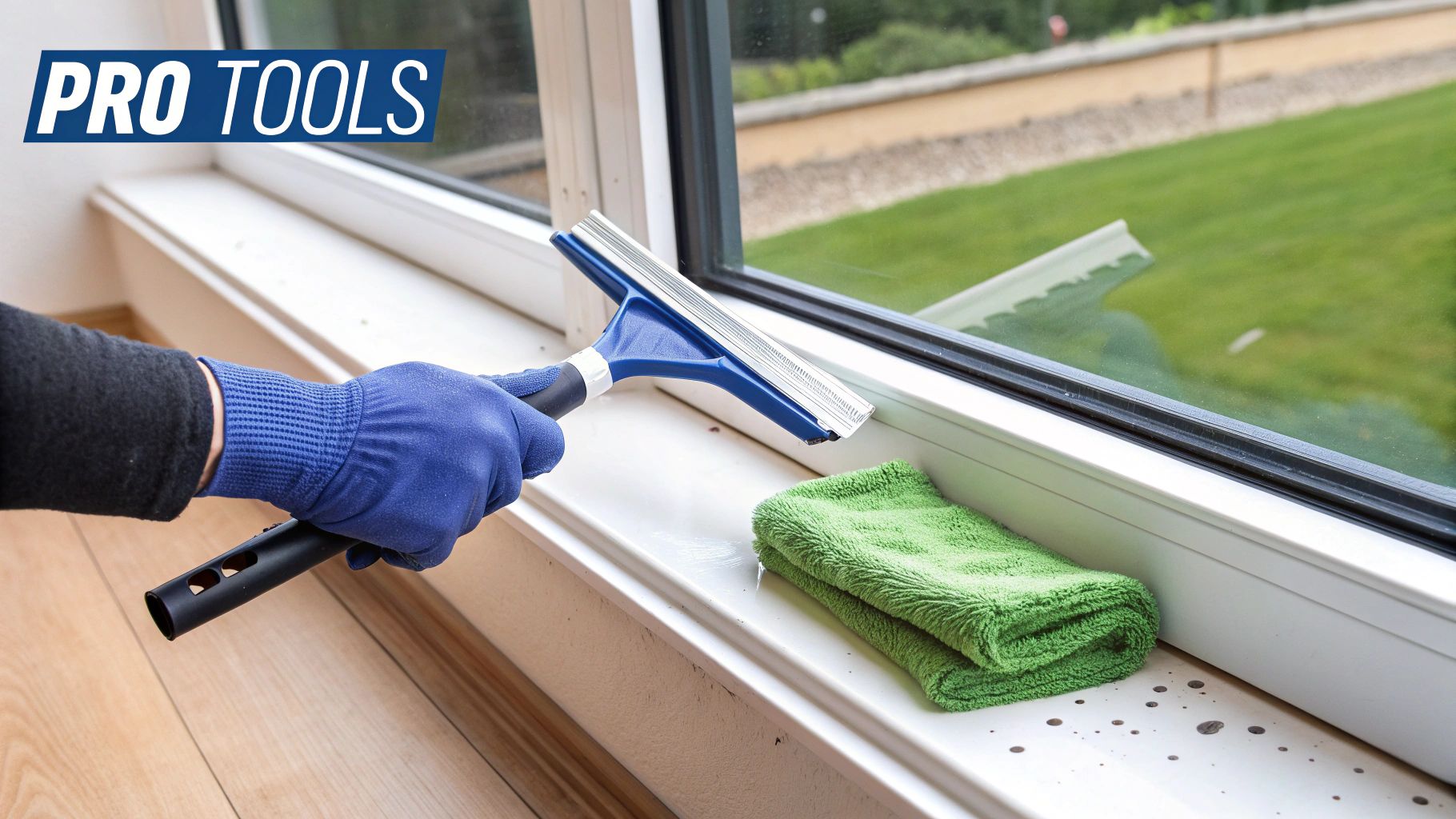 A professional window cleaner using a squeegee on a window.