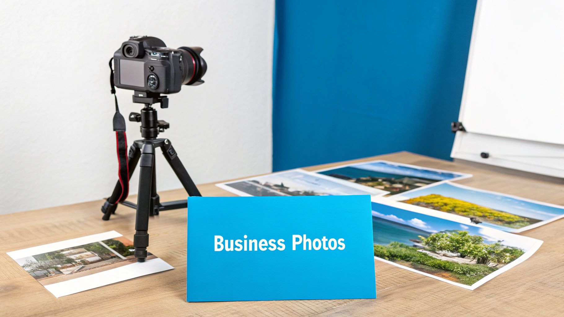 A camera on a tripod sits next to a blue sign reading 'Business Photos' and printed images on a wooden desk.