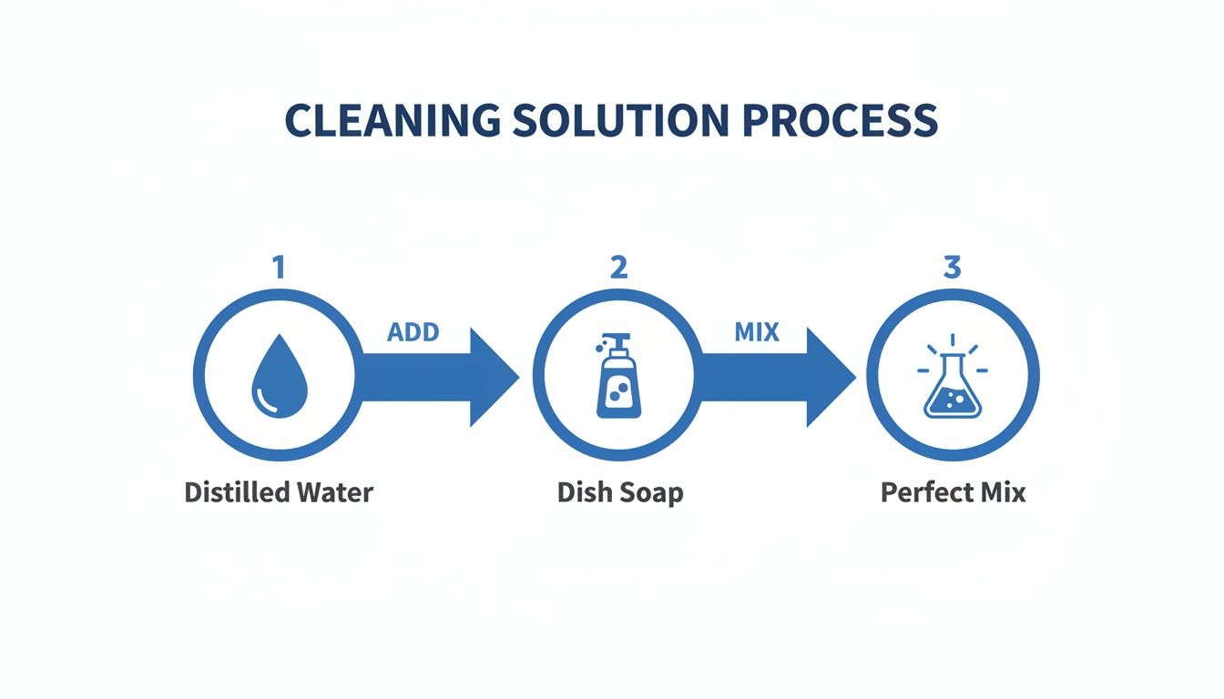 Infographic illustrating a three-step cleaning solution process: add distilled water, then dish soap, to create a perfect mix.