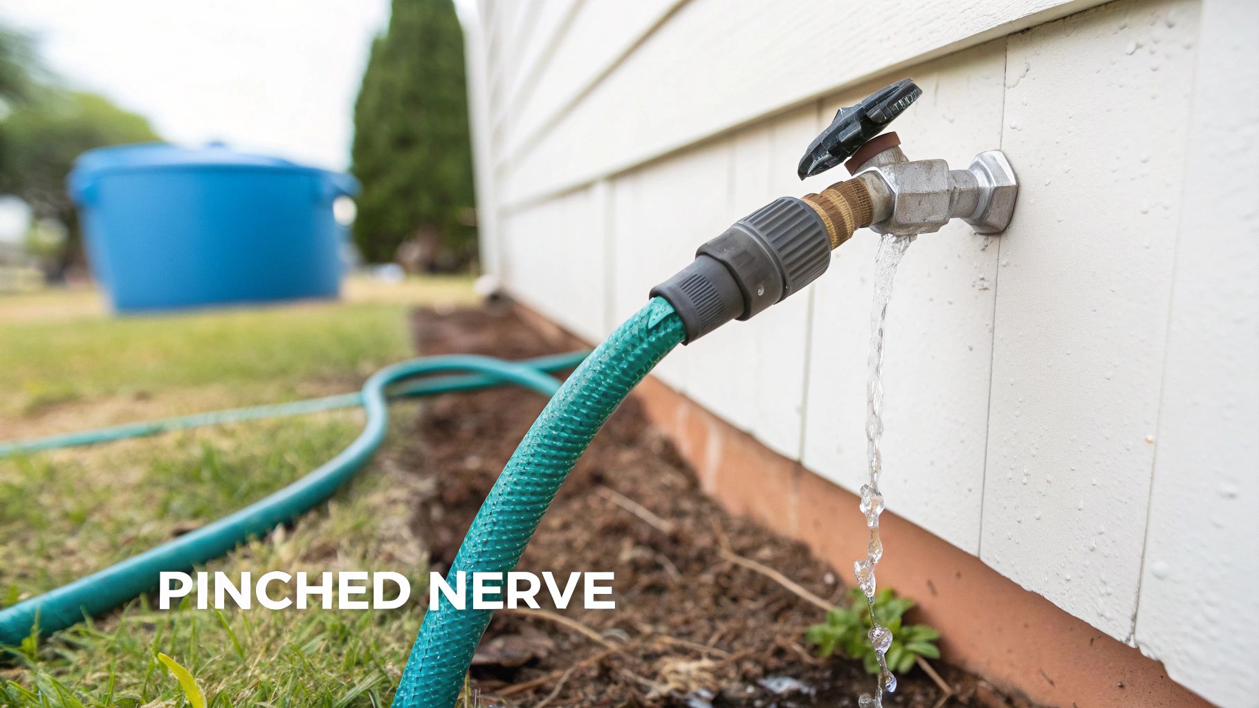 A garden hose connected to a spigot on a white house, with water leaking onto the ground.