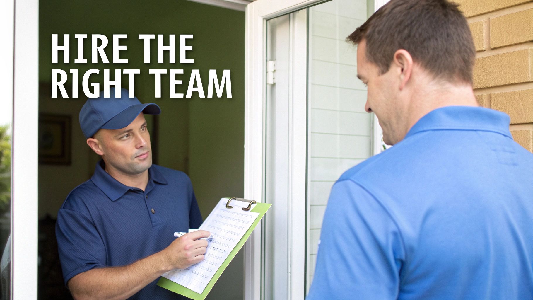 A service professional in a blue cap discusses details with a customer at a doorstep, holding a clipboard.