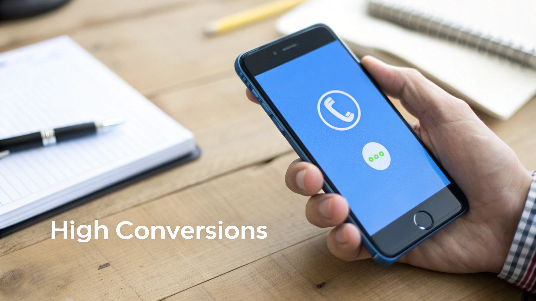 A hand holds a smartphone displaying a call screen with a phone icon, on a wooden desk. Text: High Conversions.