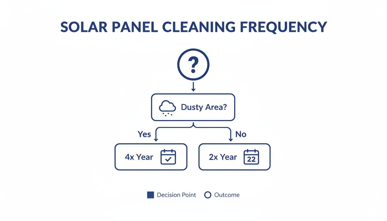 Flowchart illustrating solar panel cleaning frequency: 4 times annually for dusty areas, 2 times for non-dusty.