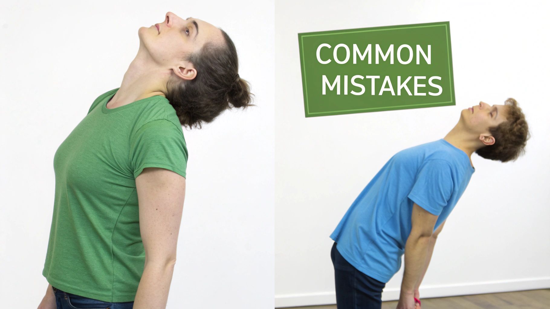 Two individuals demonstrate common mistakes during neck exercises, with exaggerated backward head tilts and poor posture.