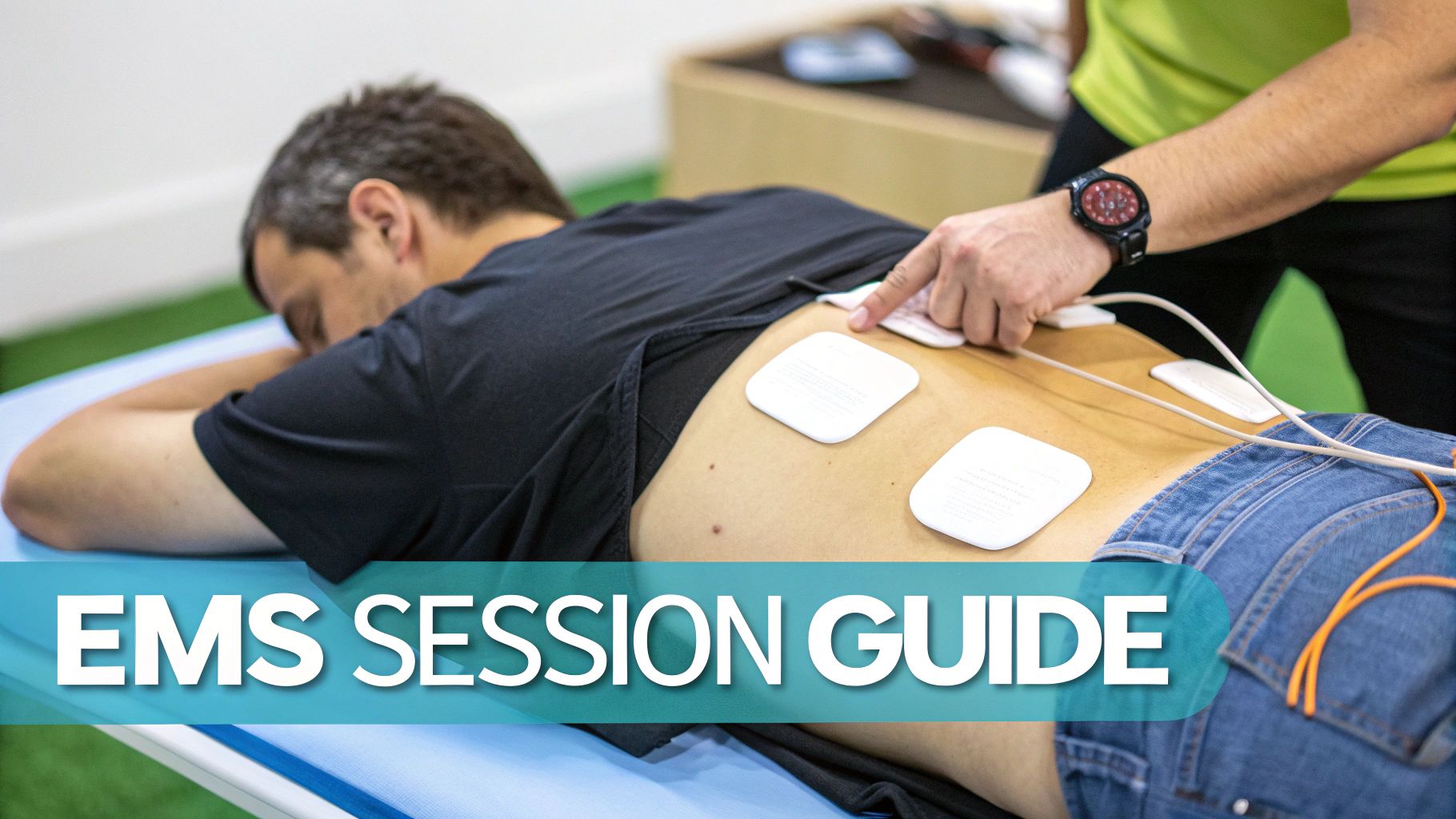 Therapist applying EMS pads to a patient's lower back during an electrical muscle stimulation session.