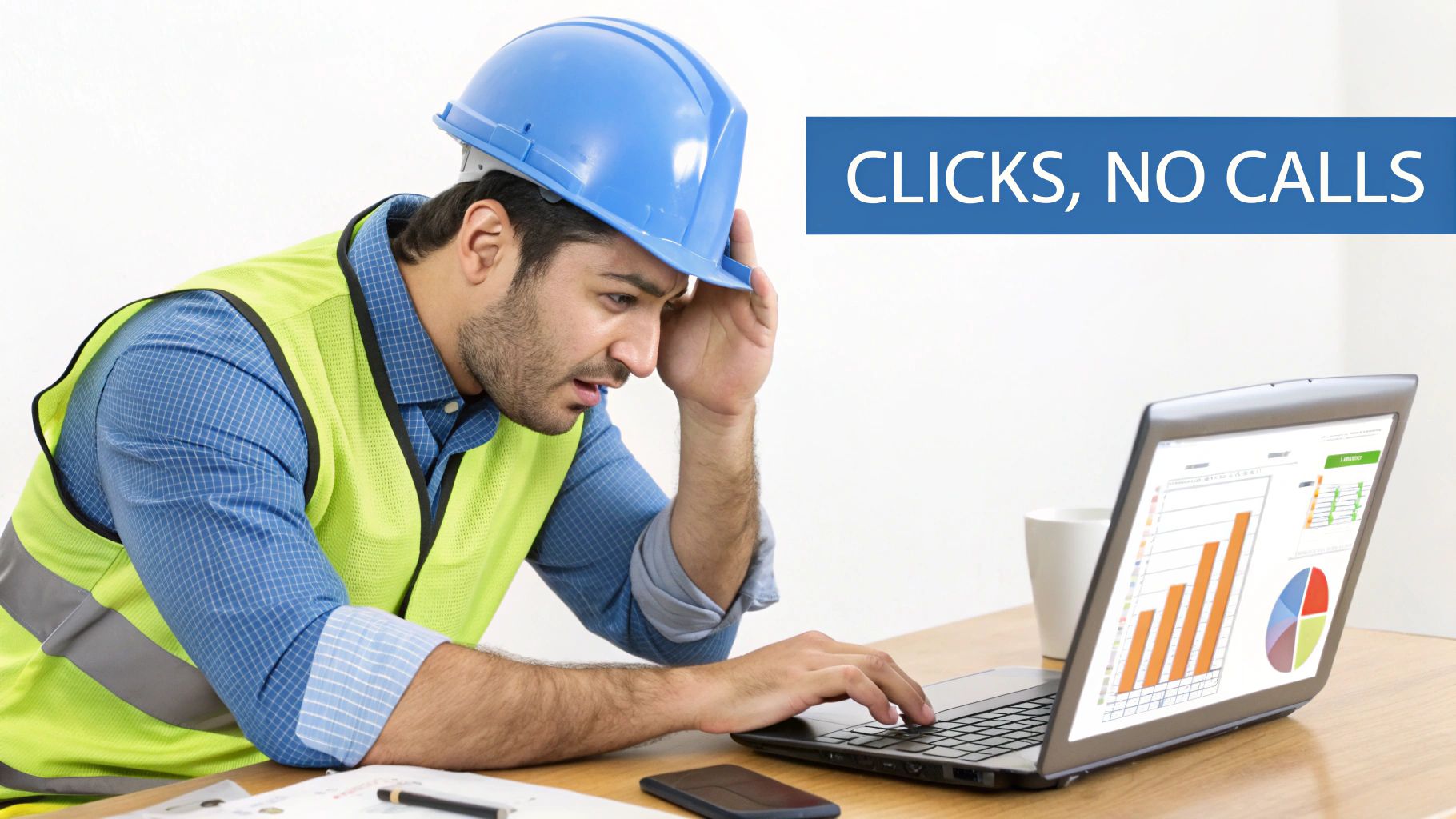 Stressed construction worker examines laptop data showing 'clicks, no calls' for lead generation.