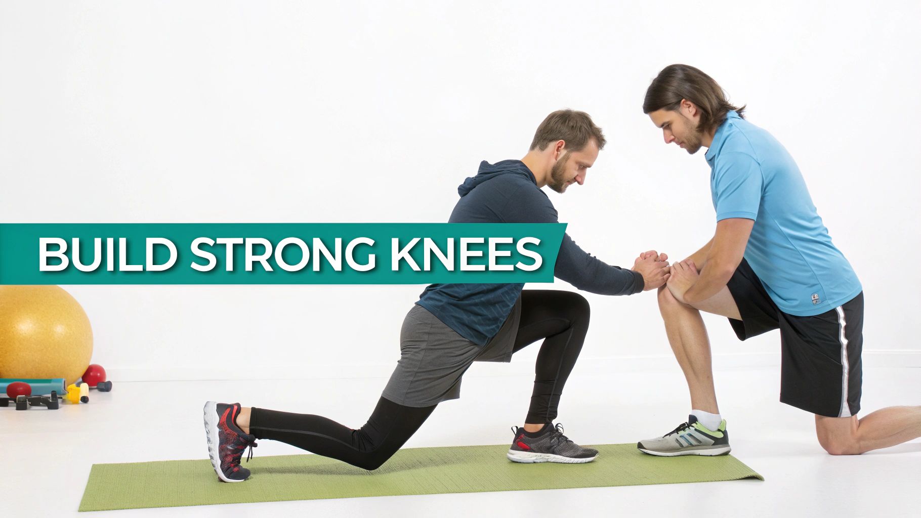 Two men demonstrate a lunge exercise on a mat, one assisting the other's knee for strength.