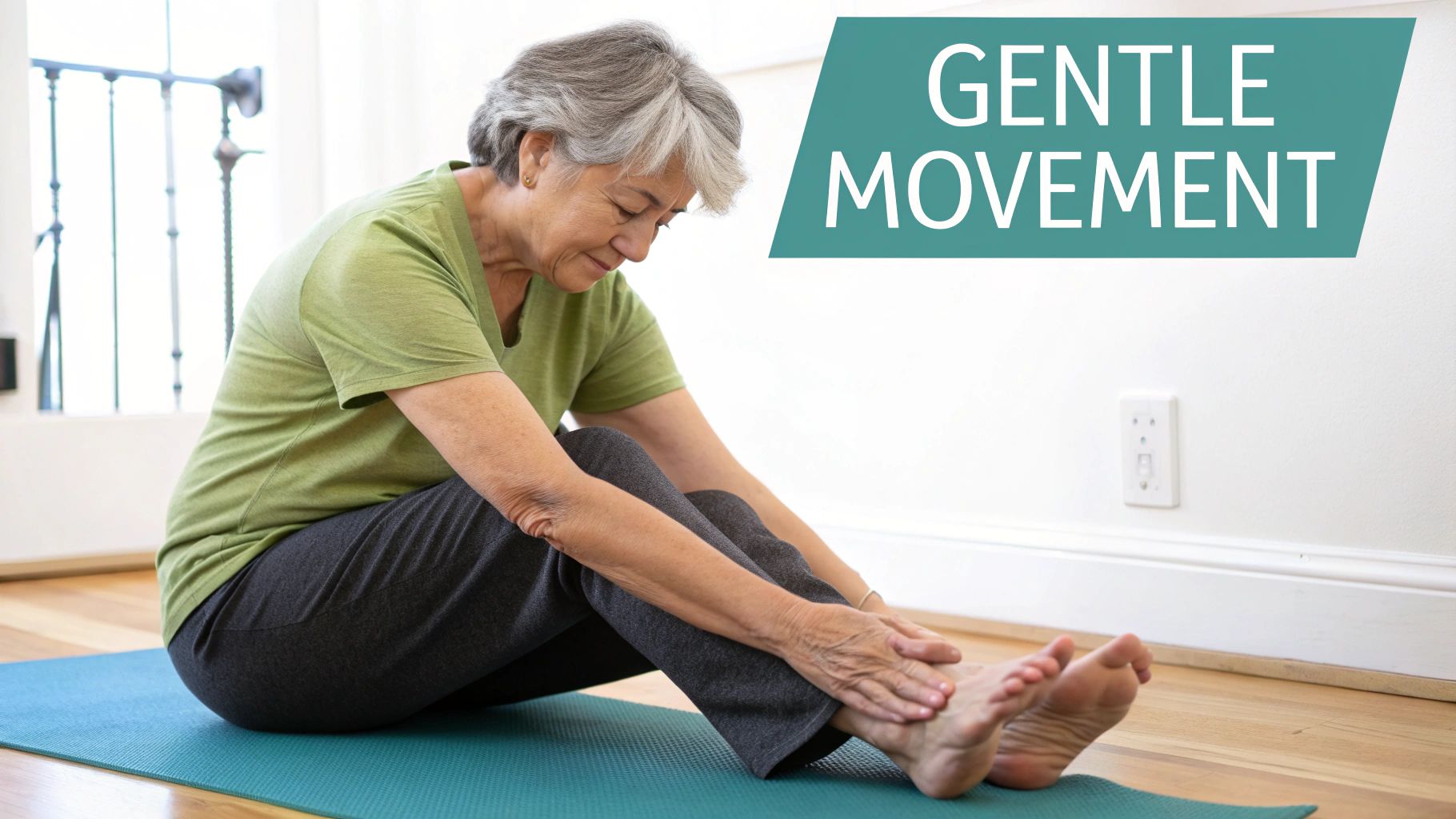 An older woman in a green shirt stretches on a yoga mat, touching her feet, with 'GENTLE MOVEMENT' text.
