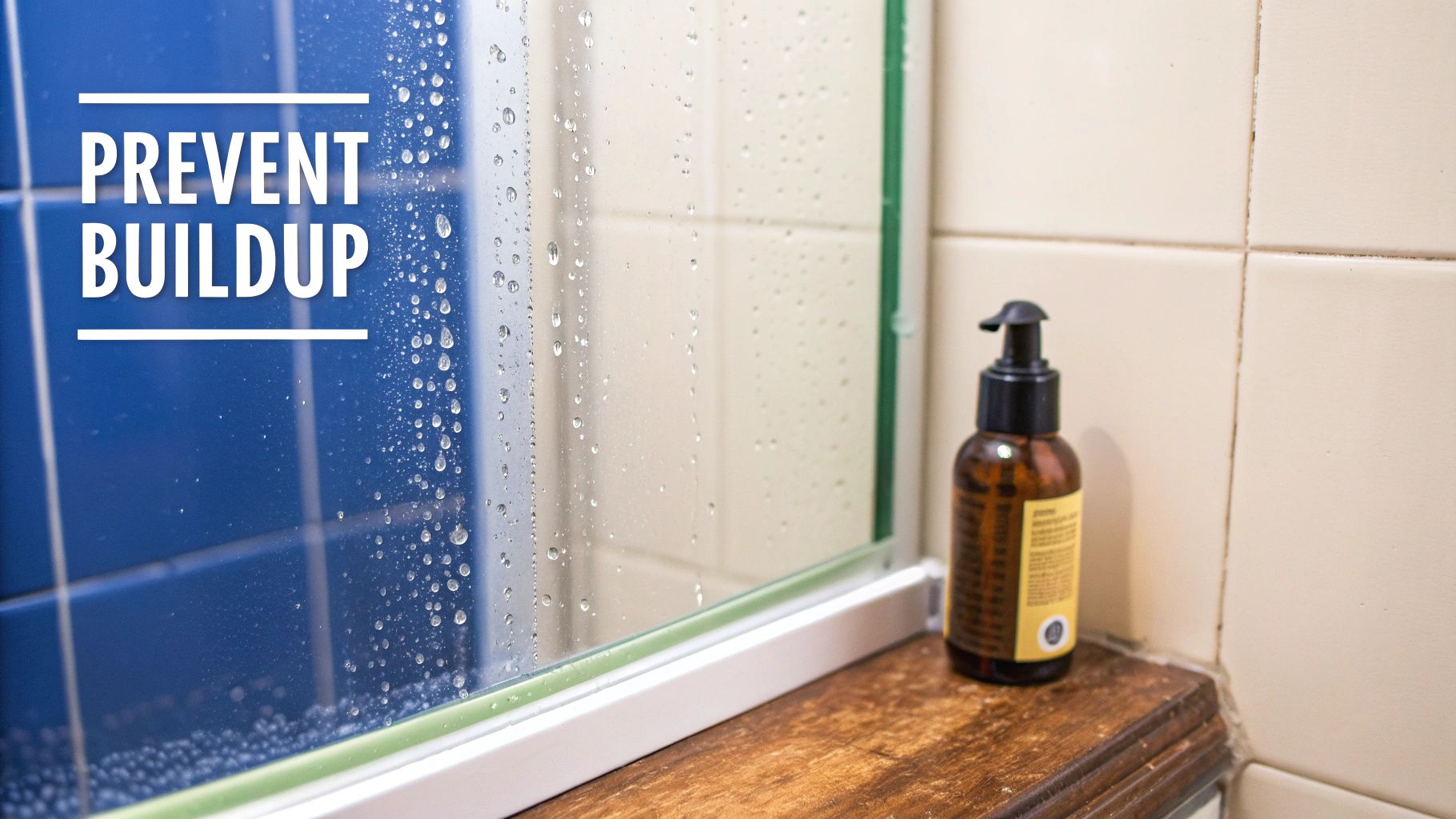 Close-up of a shower glass covered in visible water droplets, with a product bottle nearby.