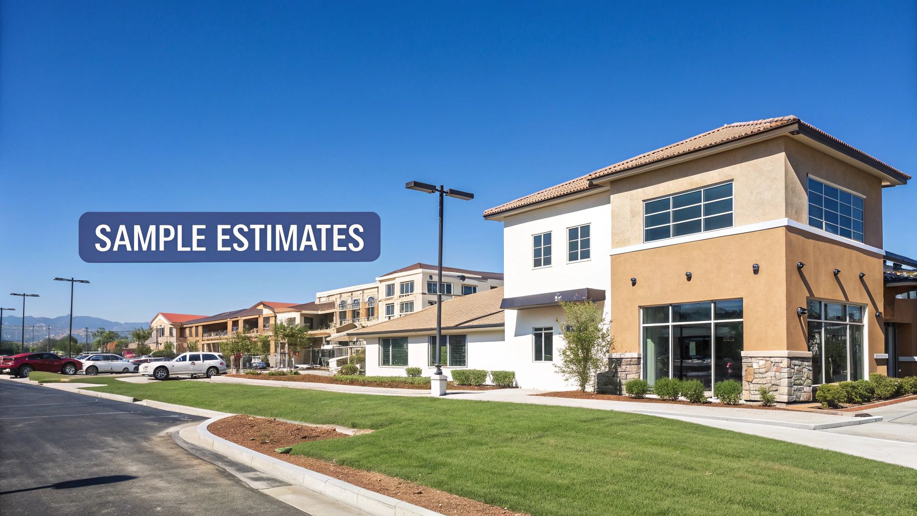 Modern commercial buildings with stucco exteriors, a parking lot, and green landscaping under a clear sky.