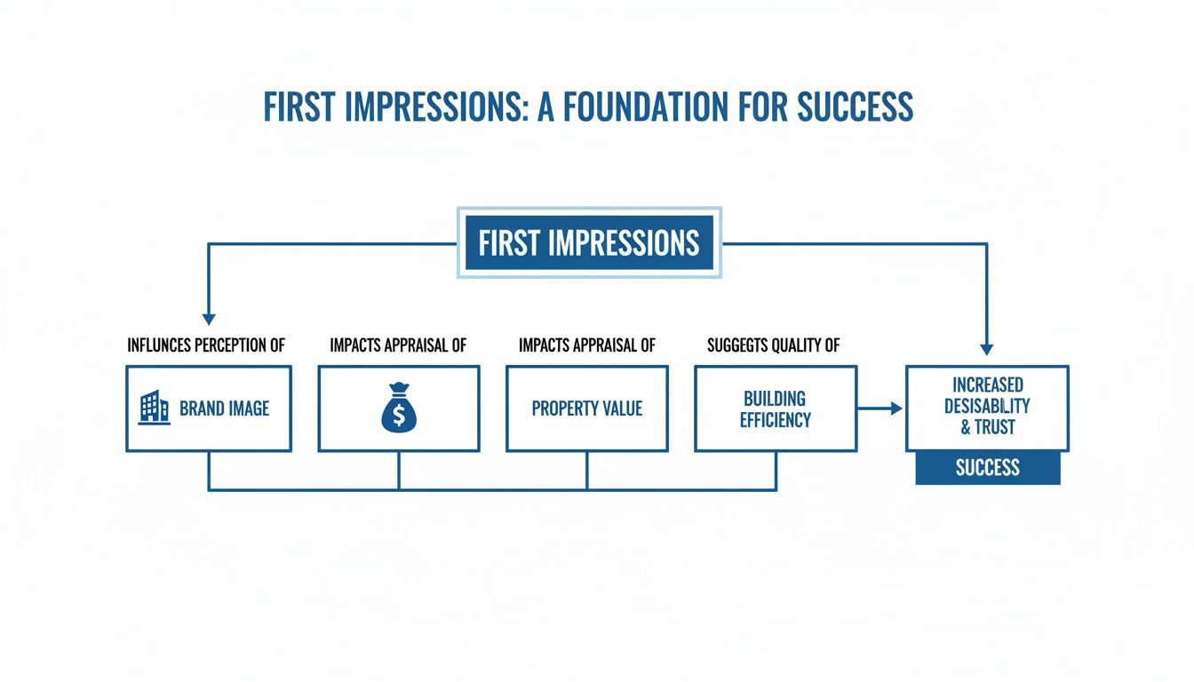 Flowchart illustrating how first impressions influence brand image, property value, and building efficiency, leading to increased desirability, trust, and overall success.