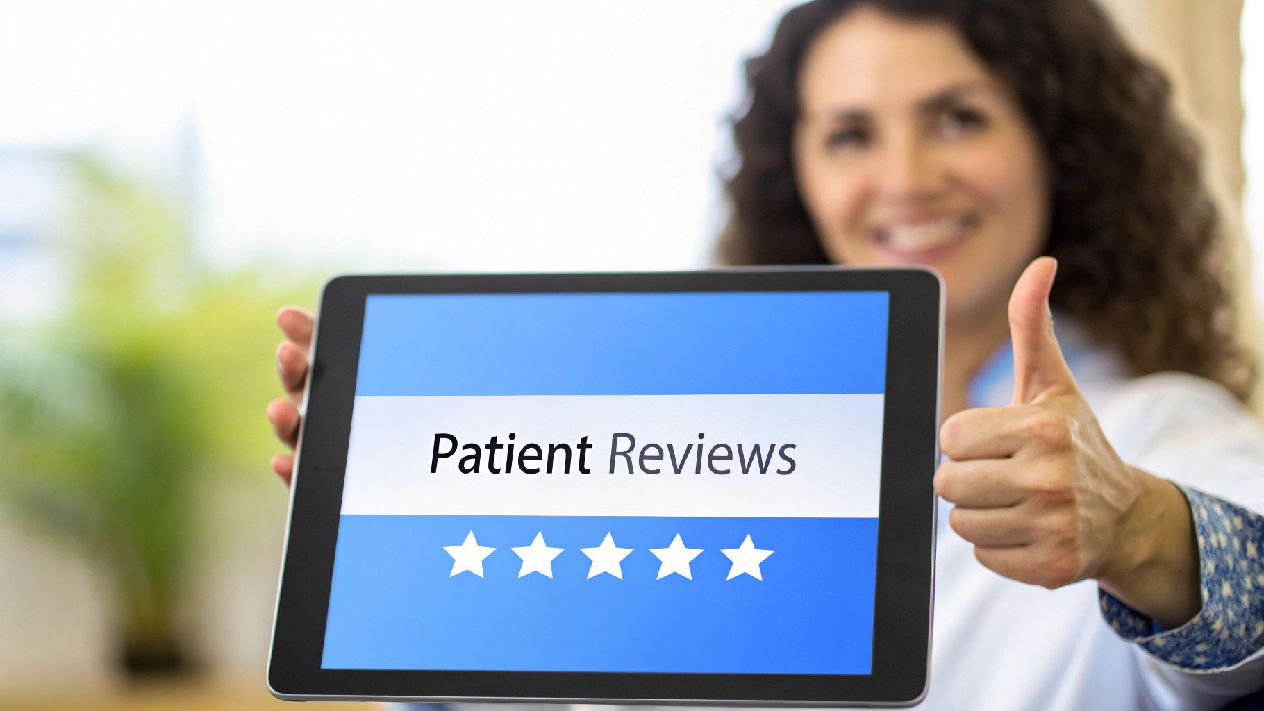 A smiling doctor holds a tablet showing "Patient Reviews" with five stars, giving a thumbs-up.