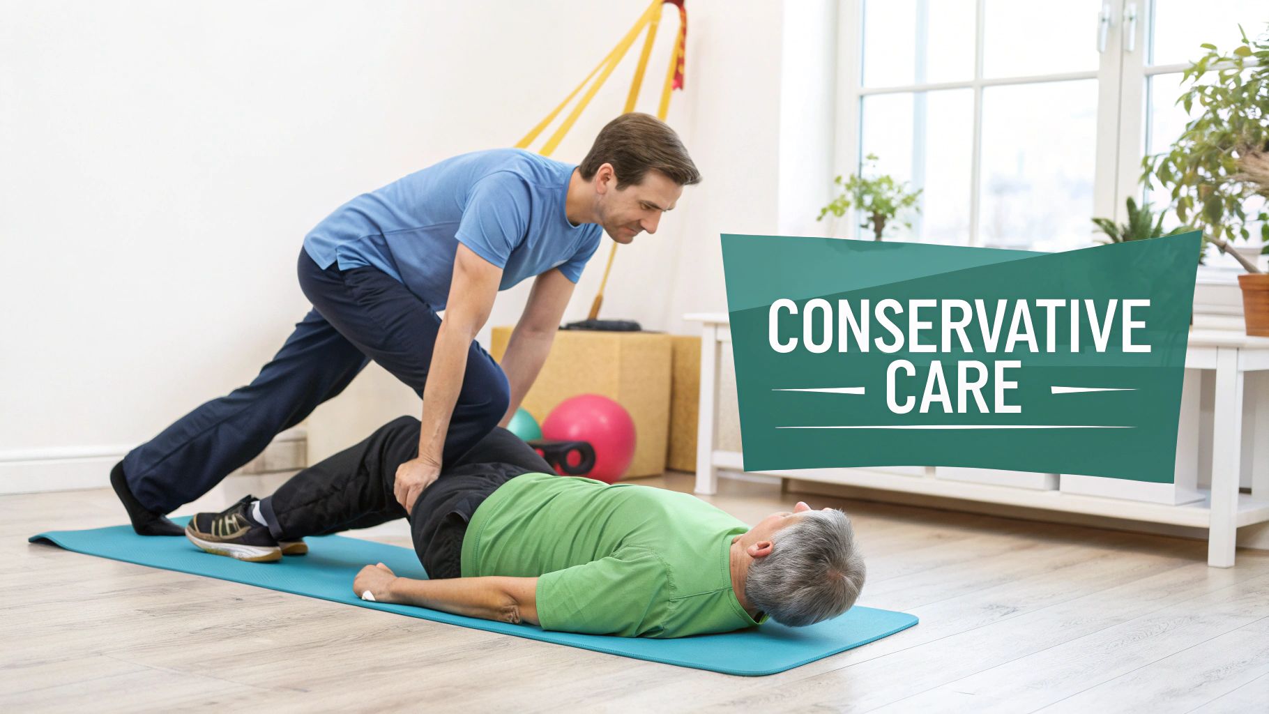 A physical therapist assists an older man with an exercise on a mat for conservative care.