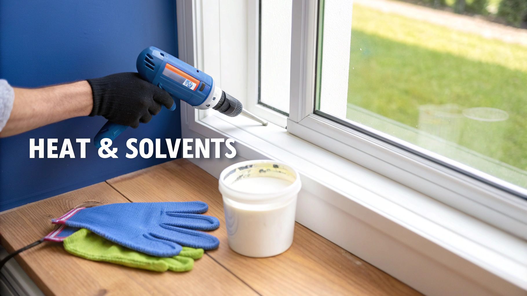 A gloved hand applies sealant to a window frame with a caulking gun, next to caulk and gloves.