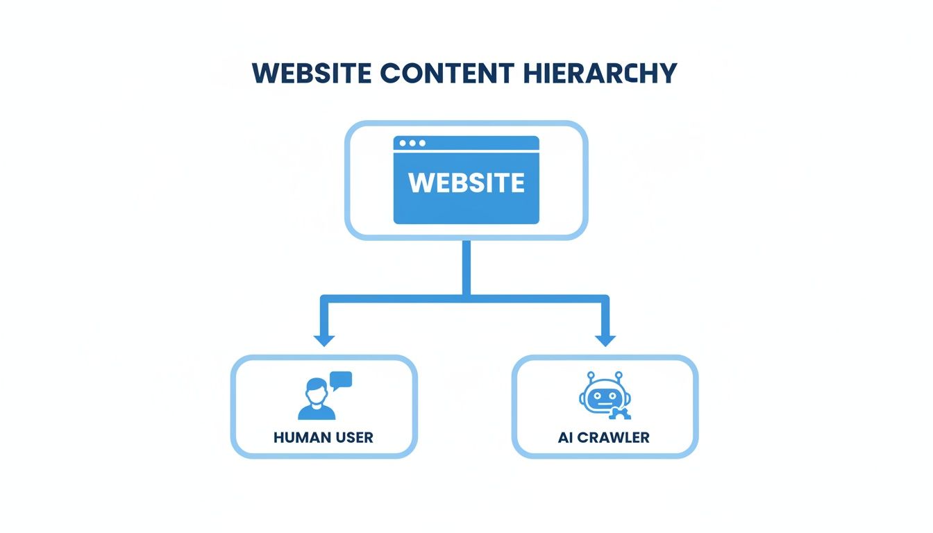 Diagram showing website content hierarchy, with content accessed by both human users and AI crawlers.