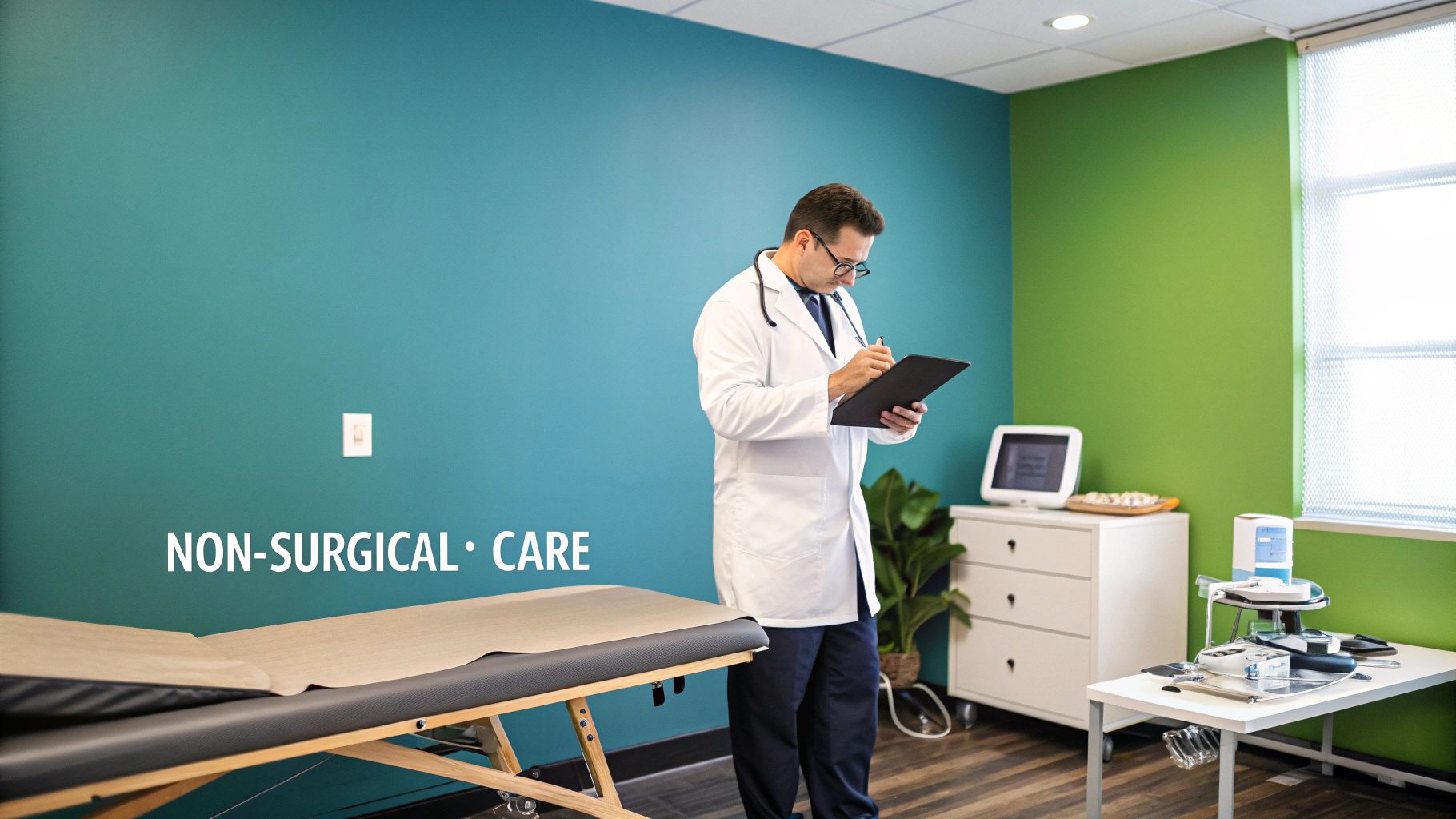 A male doctor in a white coat and stethoscope examines records in a non-surgical care clinic.