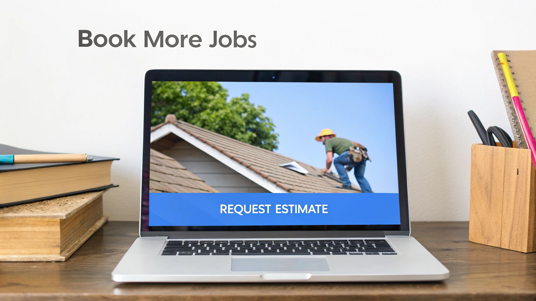 Laptop displaying a roofer on a roof with a 'REQUEST ESTIMATE' button, promoting 'Book More Jobs' for roofing businesses.