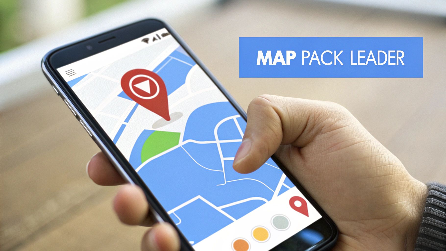 A hand holds a smartphone displaying a map application with a prominent red location pin and 'MAP PACK LEADER' text.
