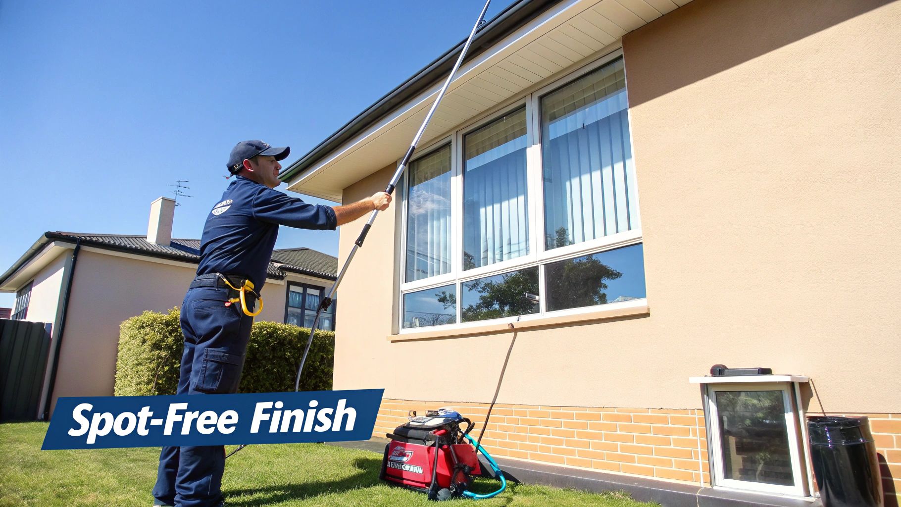 A professional window cleaner uses a water-fed pole system to clean exterior windows of a house, ensuring a spot-free finish.